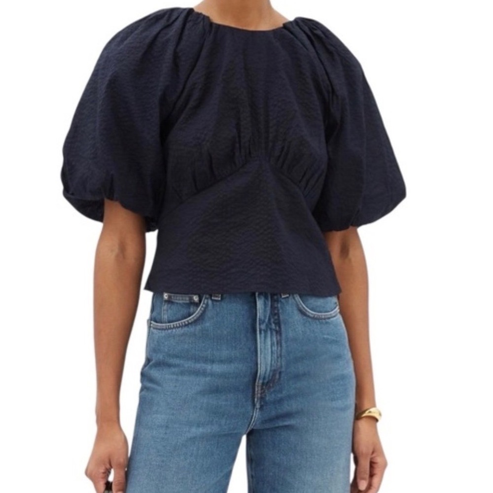 FRAME Gathered Seam Top Navy Blue Puff Sleeve Textured Blouse LWSH2497 Sz M NWT